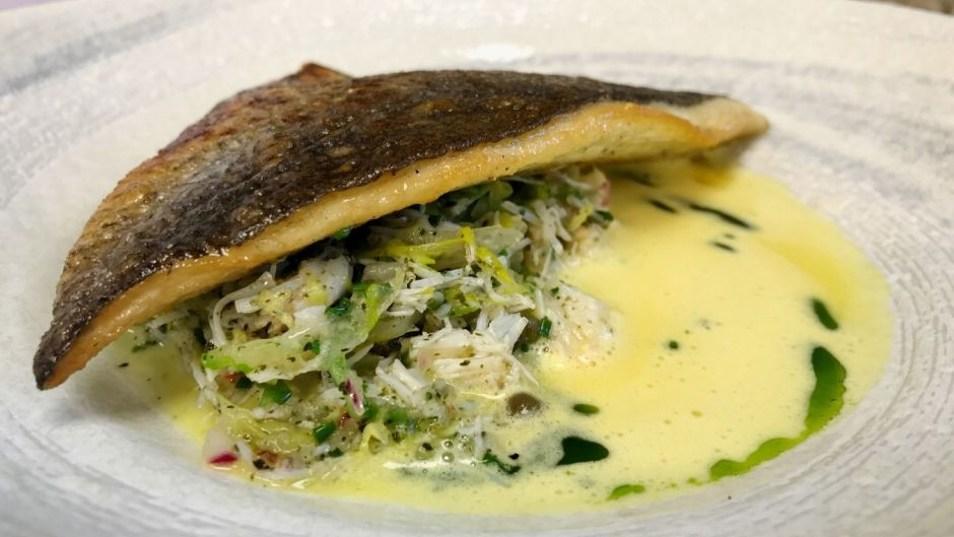 Fillet of sea bream, Newlyn crab, braised gem lettuce and shellfish butter sauce